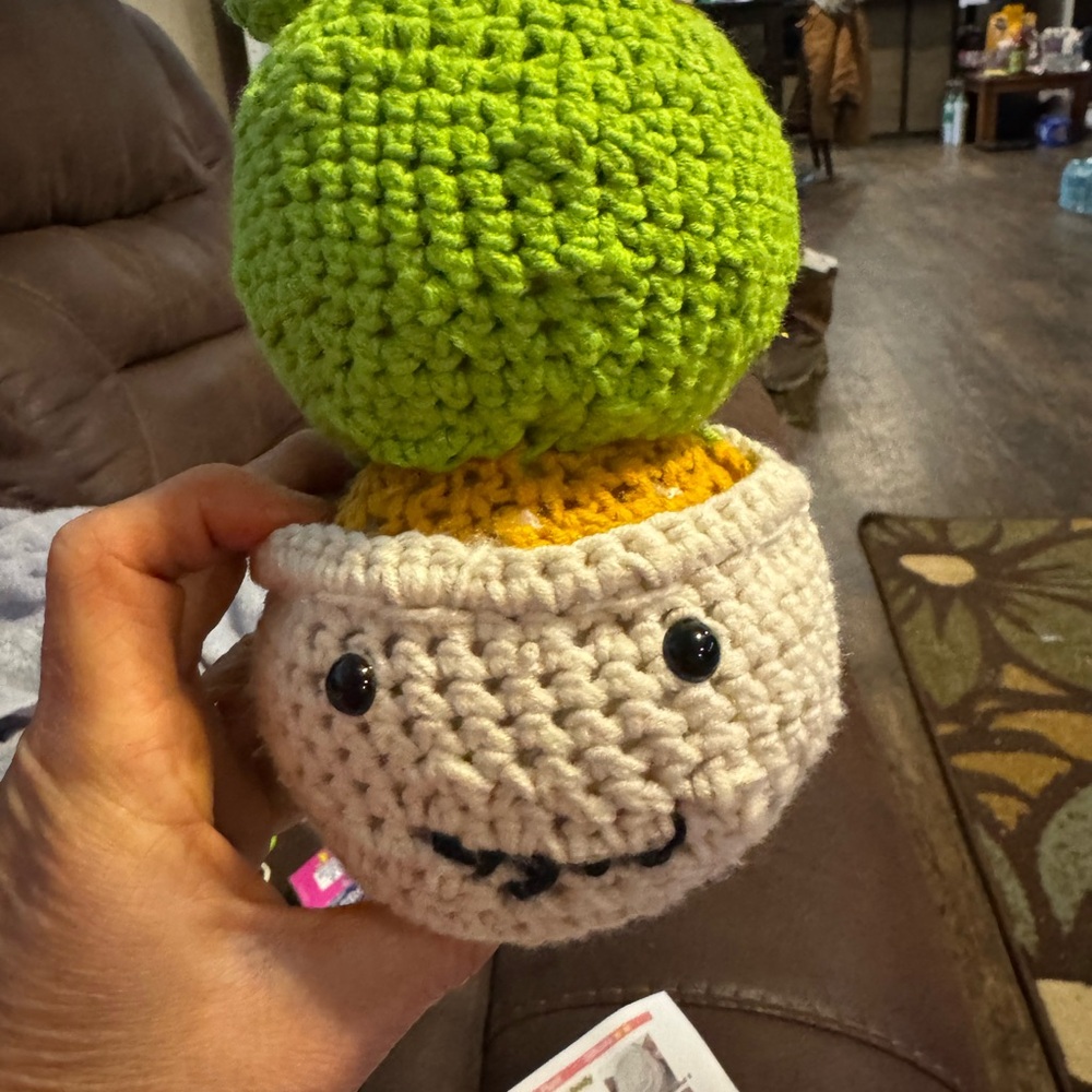 Handmade Crochet Plush Stack with Smiling Face - Green & Cream